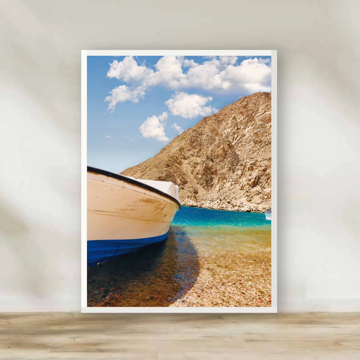 Boat & Mountain Cove White Frame – Red Sea photography wall art | برواز أبيض المركب والجبل
