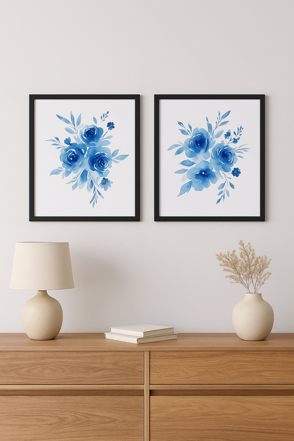 Watercolour Blue Flowers Frame – abstract boho wall art | زهور زرقاء بألوان مائية