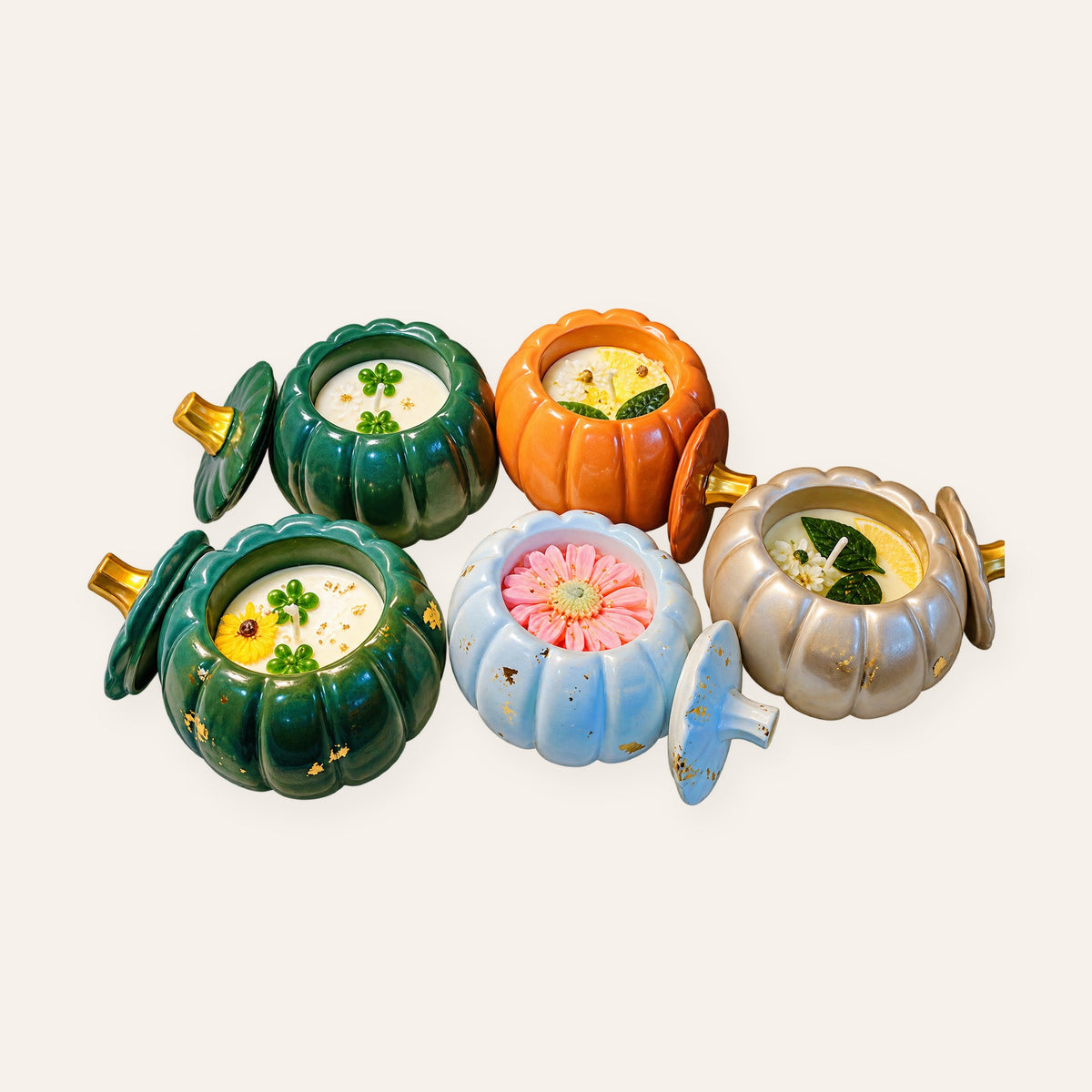 Pumpkin flower candle jars in green, orange, sky blue and champagne