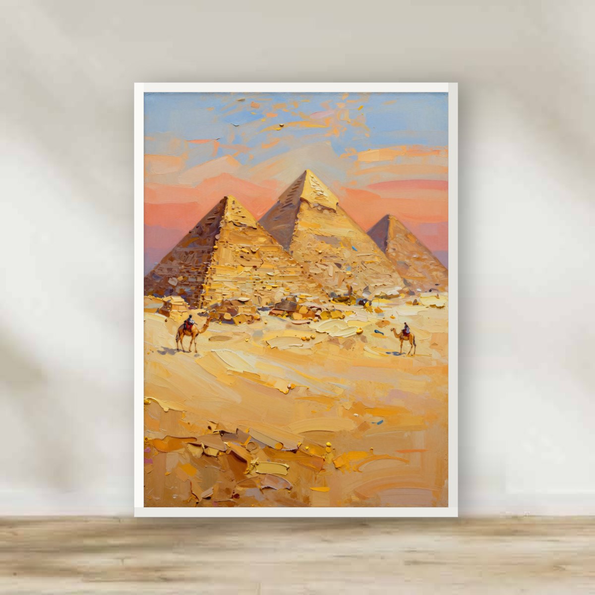 Giza Pyramids Impasto White Frame – impasto Egypt wall art | برواز أبيض أهرامات الجيزة - رسم زيتي