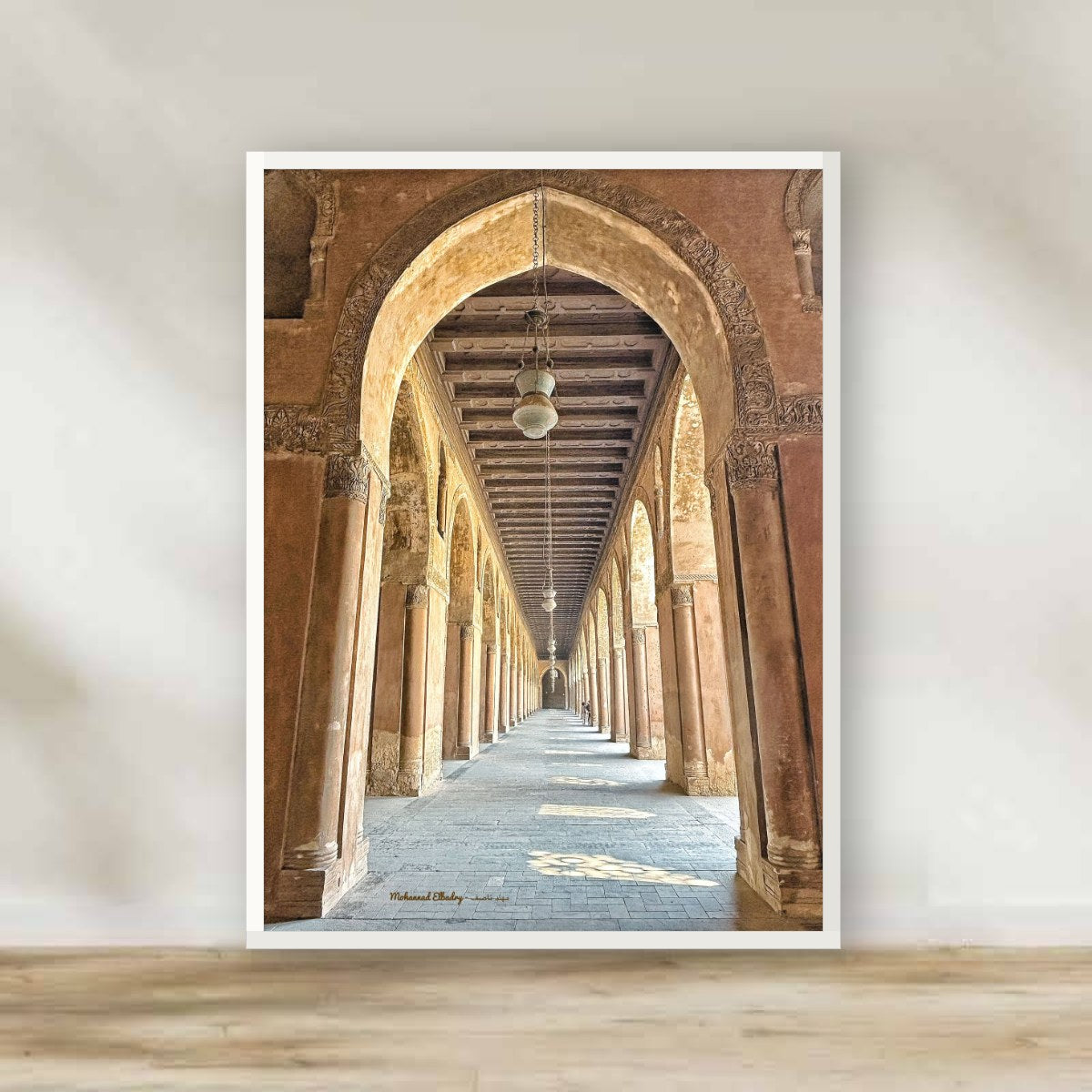 Ibn Tulun Arcades White Frame – Islamic architecture photography wall art | برواز أبيض أروقة ابن طولون