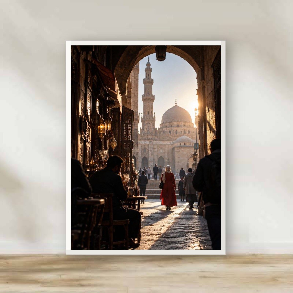 Islamic Cairo Archway White Frame – Islamic architecture photography wall art | برواز أبيض حارة القاهرة التاريخية