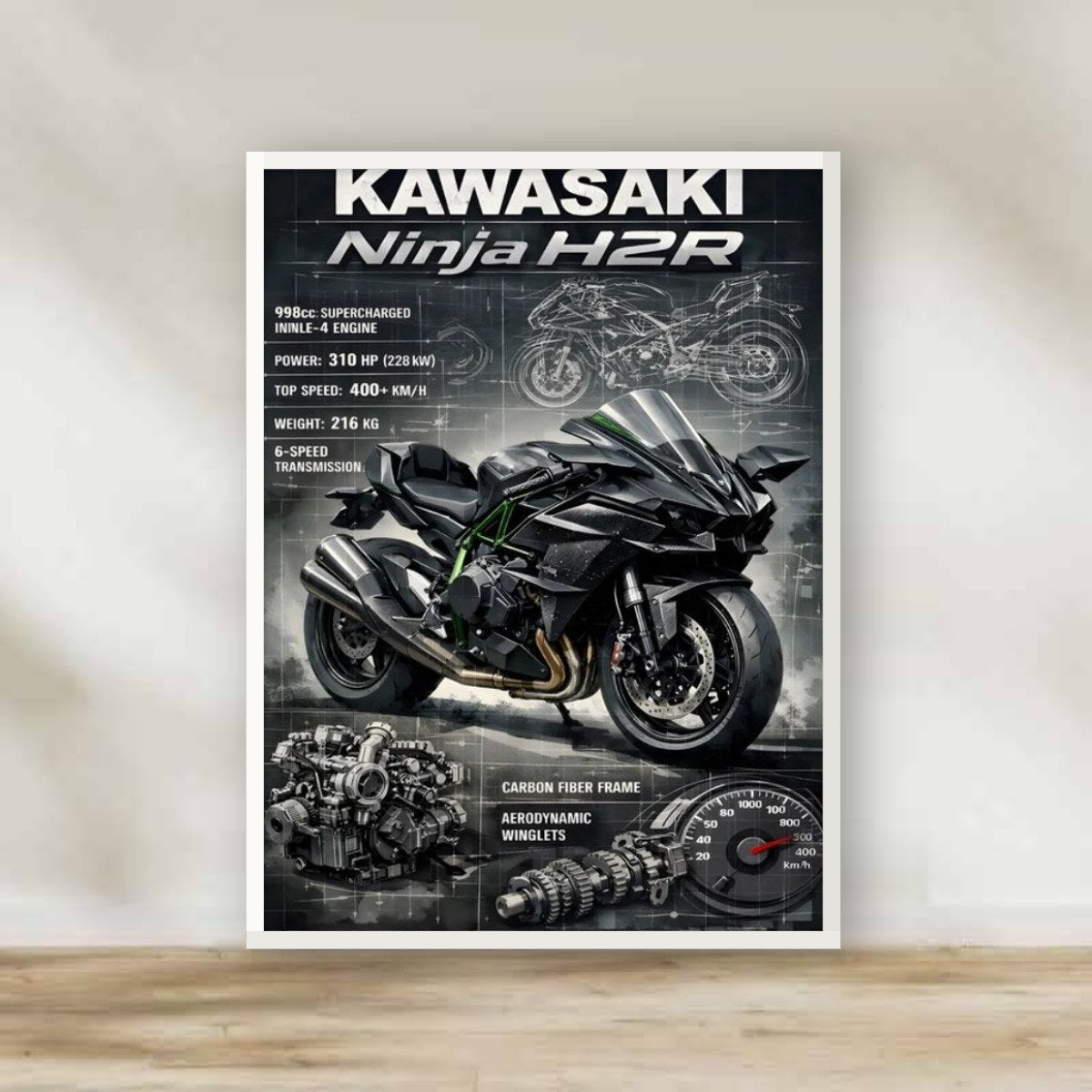 Kawasaki 2 White Frame – motorcycle wall art | برواز أبيض موتوسيكل كاواساكي 2