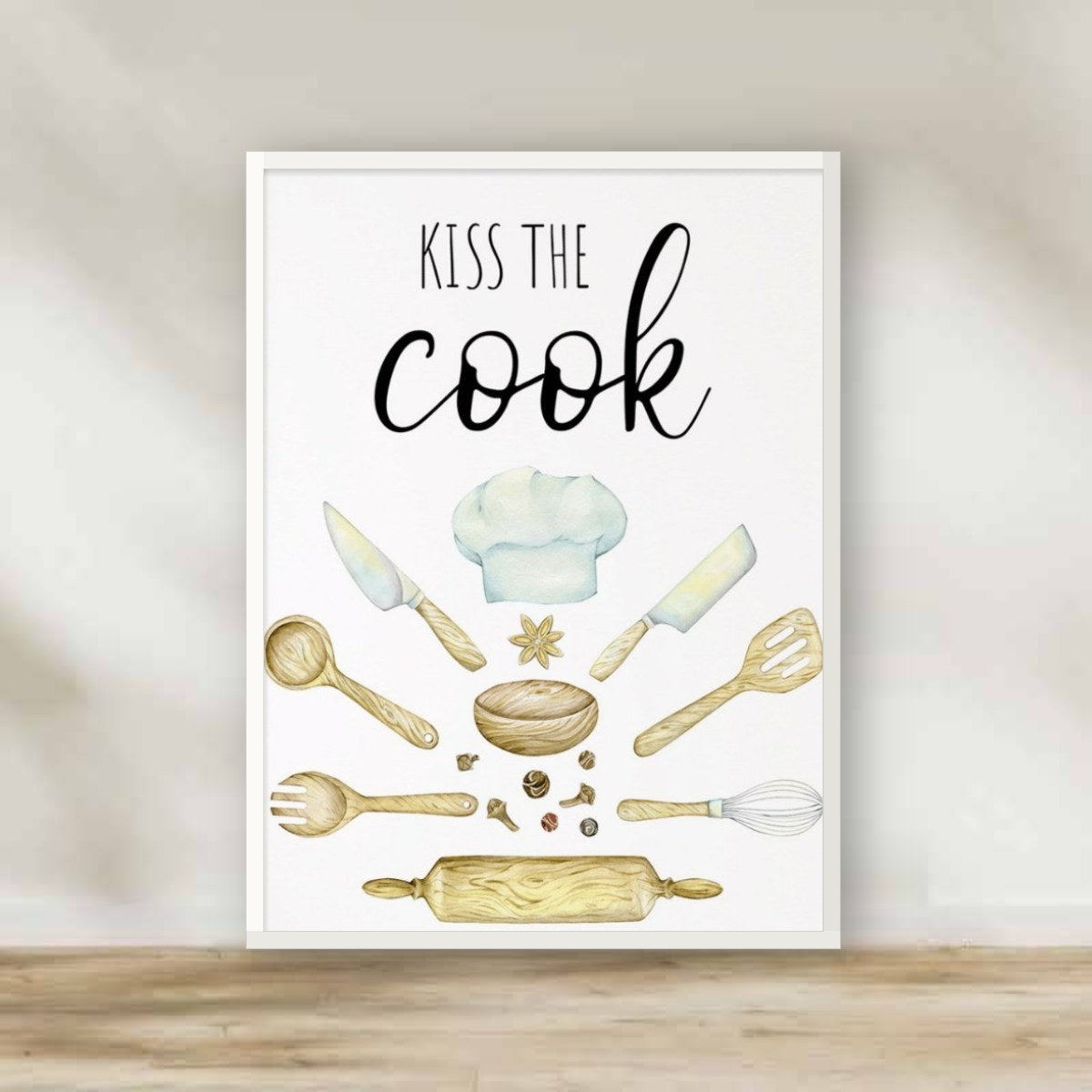 Kiss The CooK White Frame – kitchen wall art | برواز أبيض "KISS THE CooK"