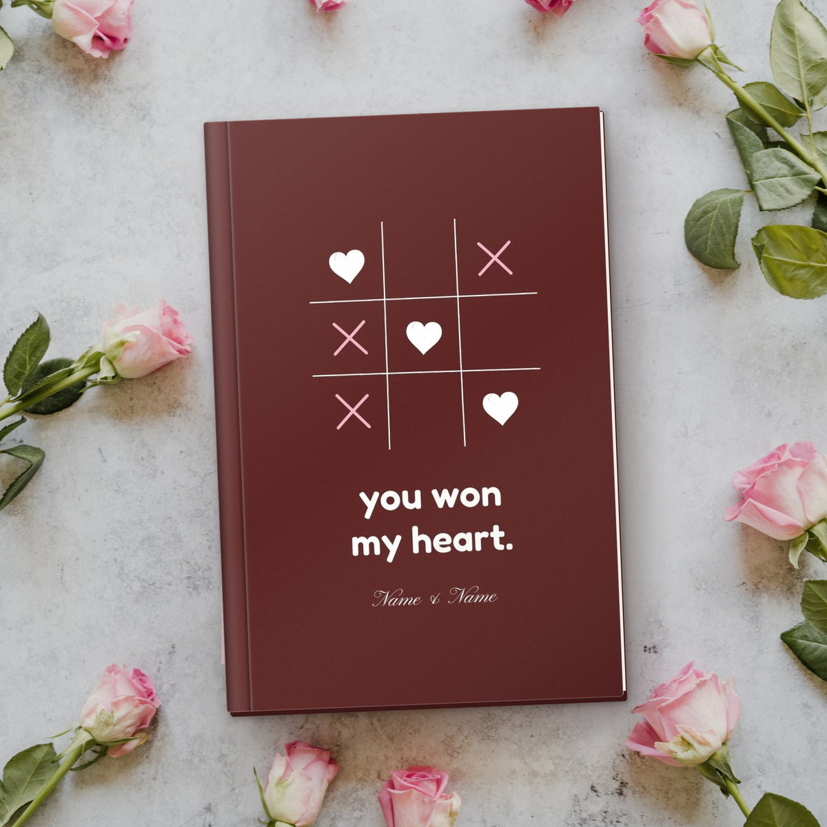 You Won My Heart photobook – hardcover front cover with pink roses