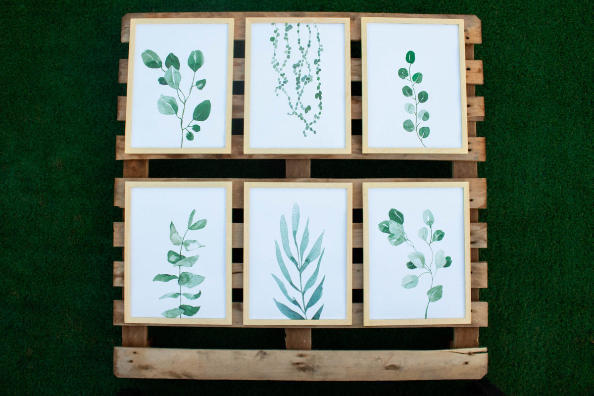 Watercolour Green Leaves Frame – abstract boho wall art | أوراق خضراء بألوان مائية
