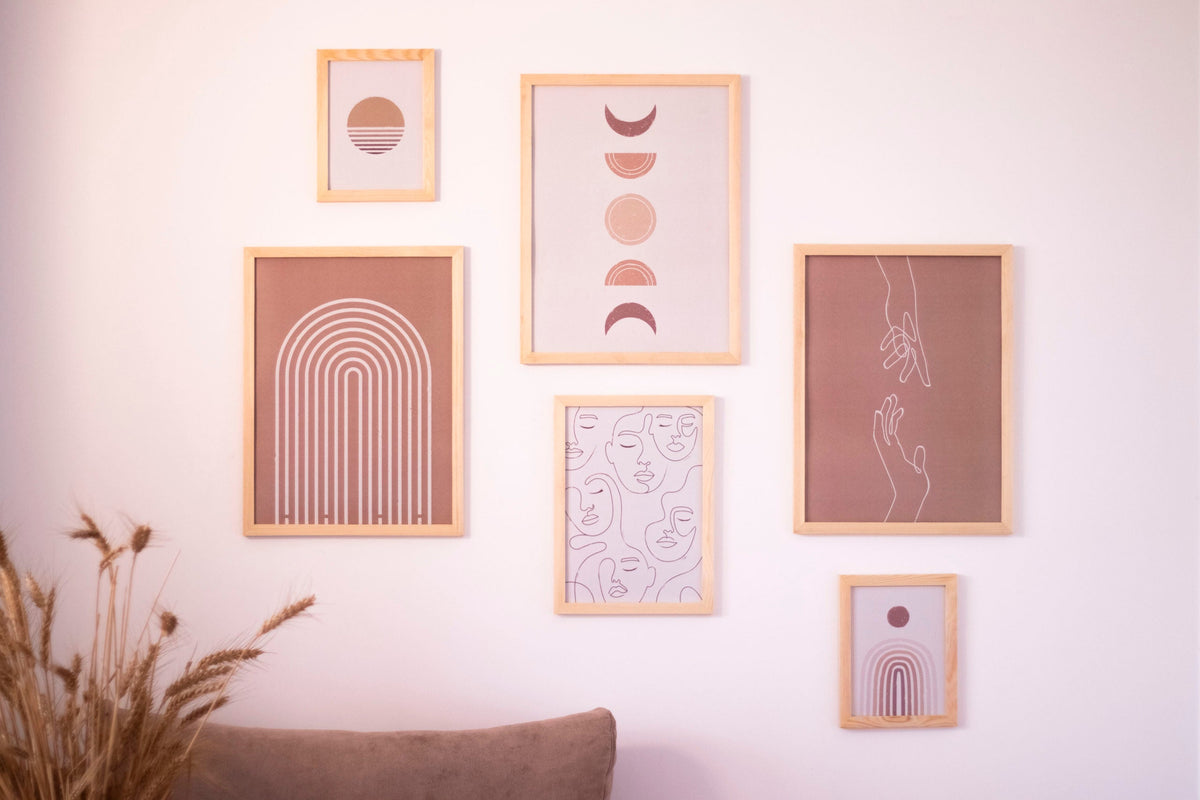 Burgundy Phases Of The Moon - Boho Large Set – abstract boho wall art | أطوار القمر بالعنابي - طقم بوهو كبير