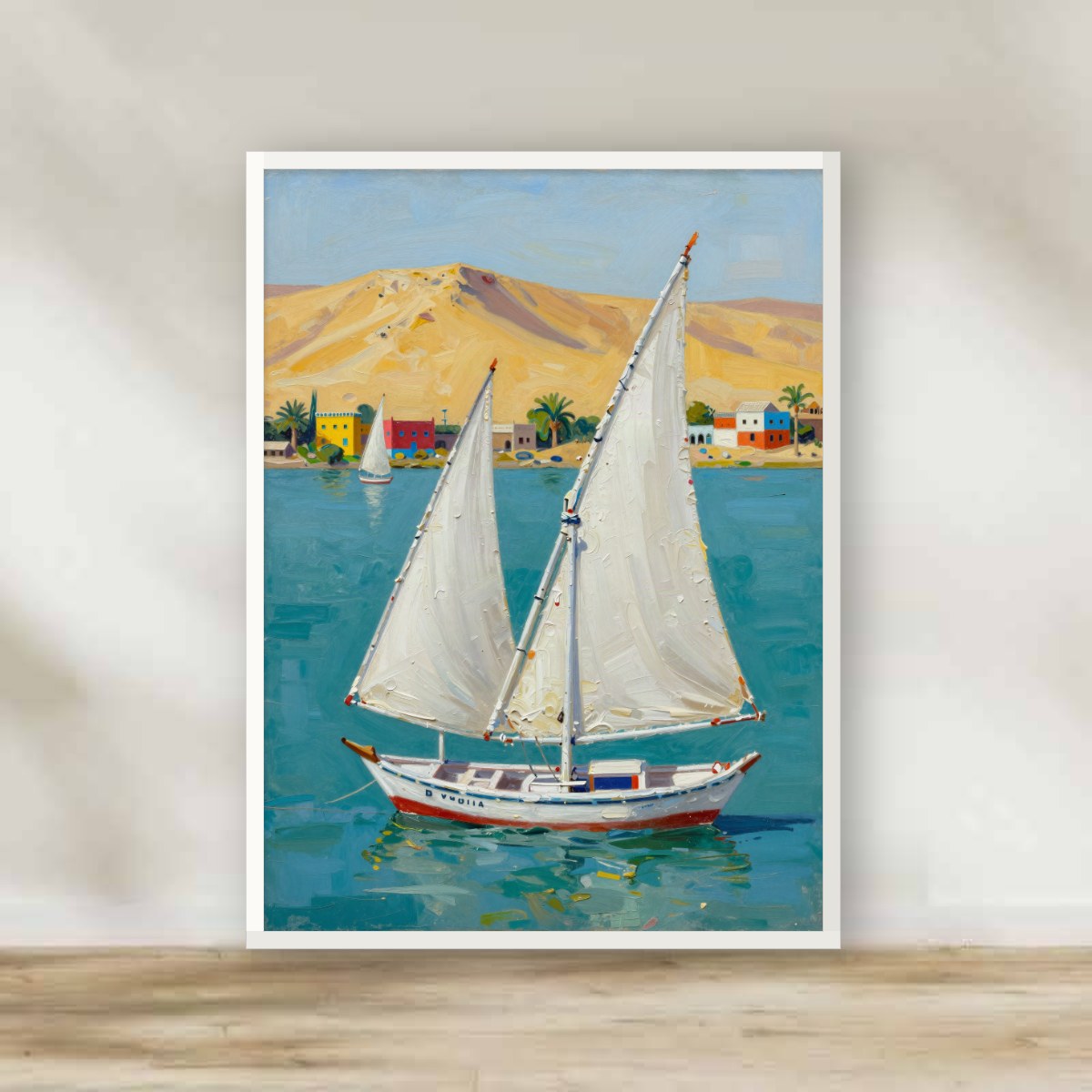 Aswan Felucca Impasto White Frame – impasto Egypt wall art | برواز أبيض فلوكة أسوان - رسم زيتي