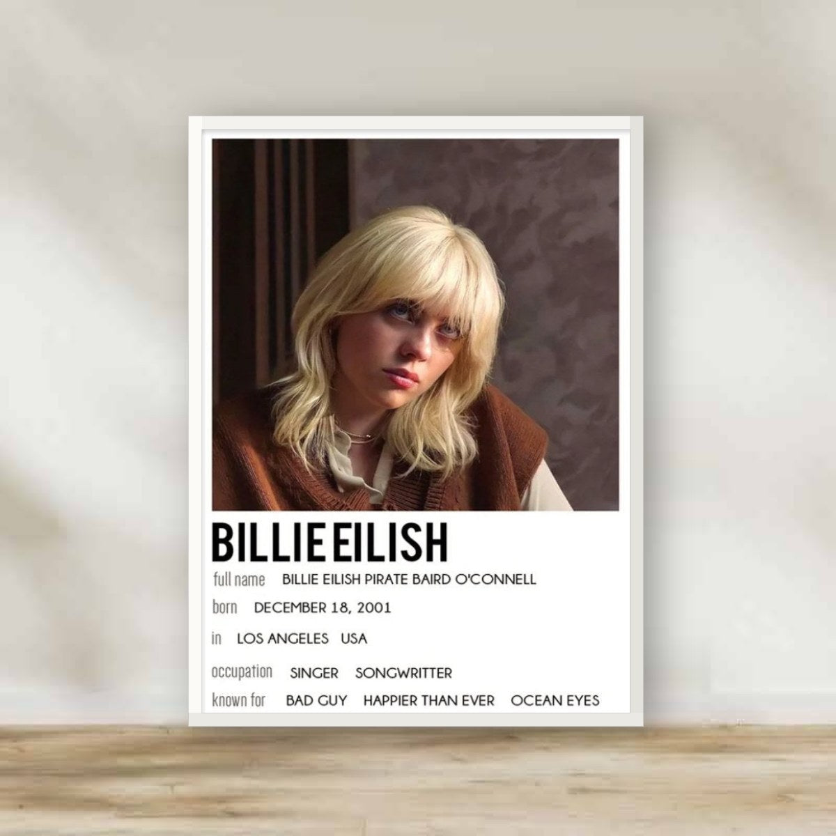 Billie Eilish 6 White Frame – music wall art | برواز أبيض بيلي أيليش 6