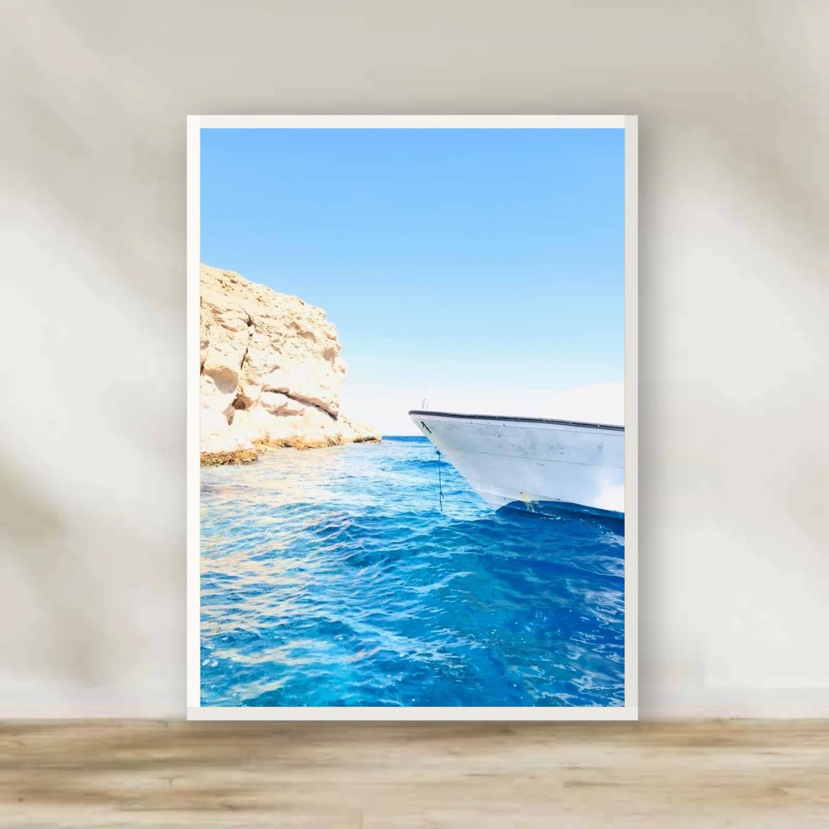Cliff & Blue Water White Frame – Red Sea photography wall art | برواز أبيض الصخرة والمية الزرقا