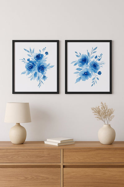 Watercolour Blue Flowers Frame – abstract boho wall art | زهور زرقاء بألوان مائية