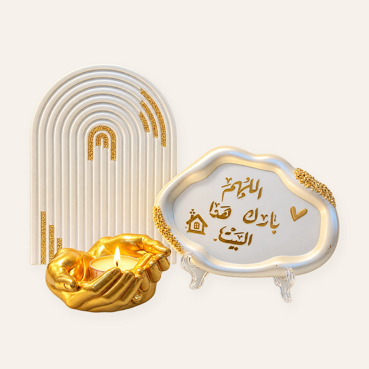 Allahumma Barik arch decor set with gold hands candle holder
