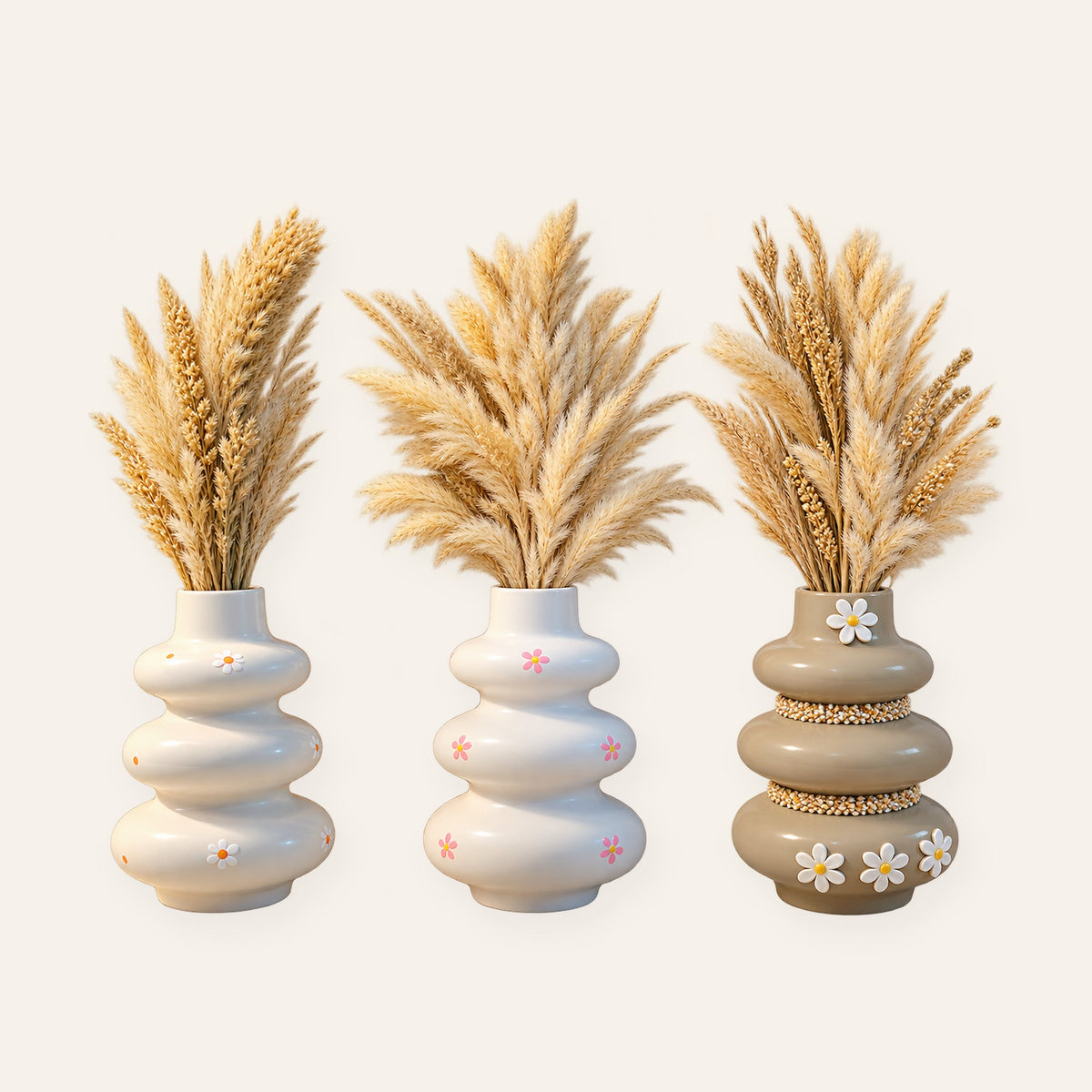 Bubble vases with dried wheat and pampas bouquets