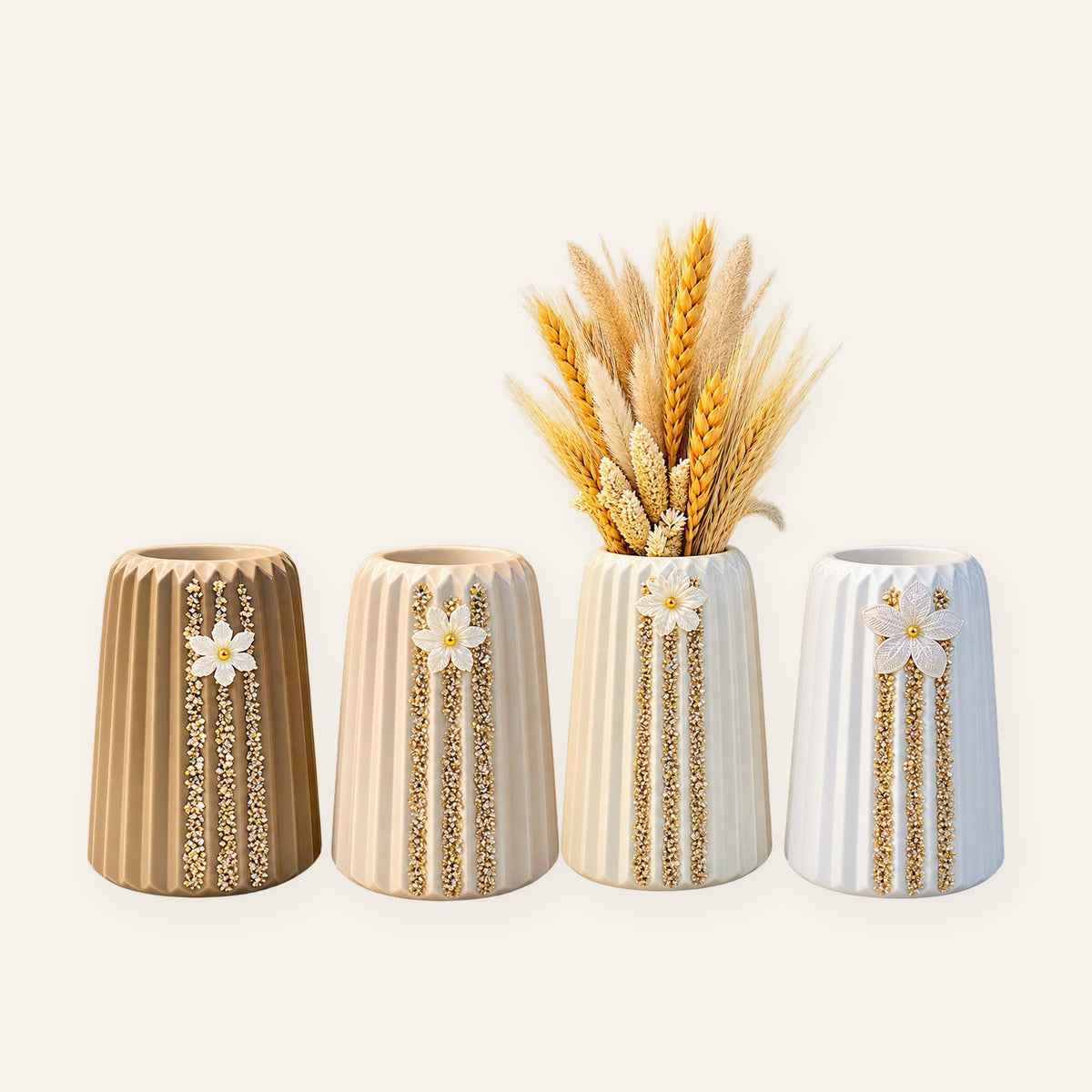 Gold crystal fluted vases in mocha, cream, ivory and white