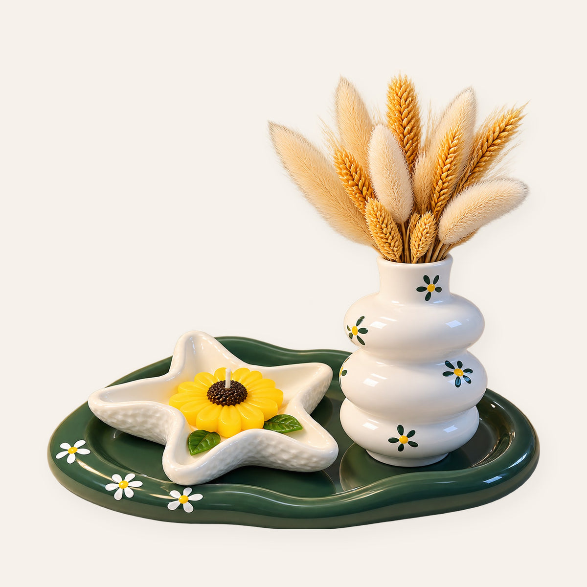 Green daisy tray set with sunflower candle and bubble vase