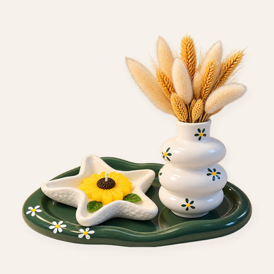 Green daisy tray set with sunflower candle and bubble vase