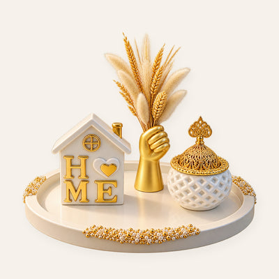 Golden HOME house tray set with gold hand vase and bakhoor burner