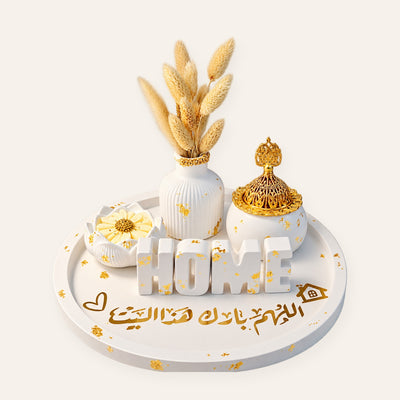 HOME letters tray set with bakhoor burner, vase and flower candle