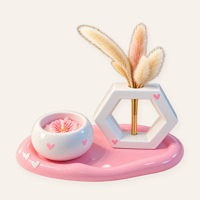 Pink hearts tray set with flower candle bowl and hexagon vase