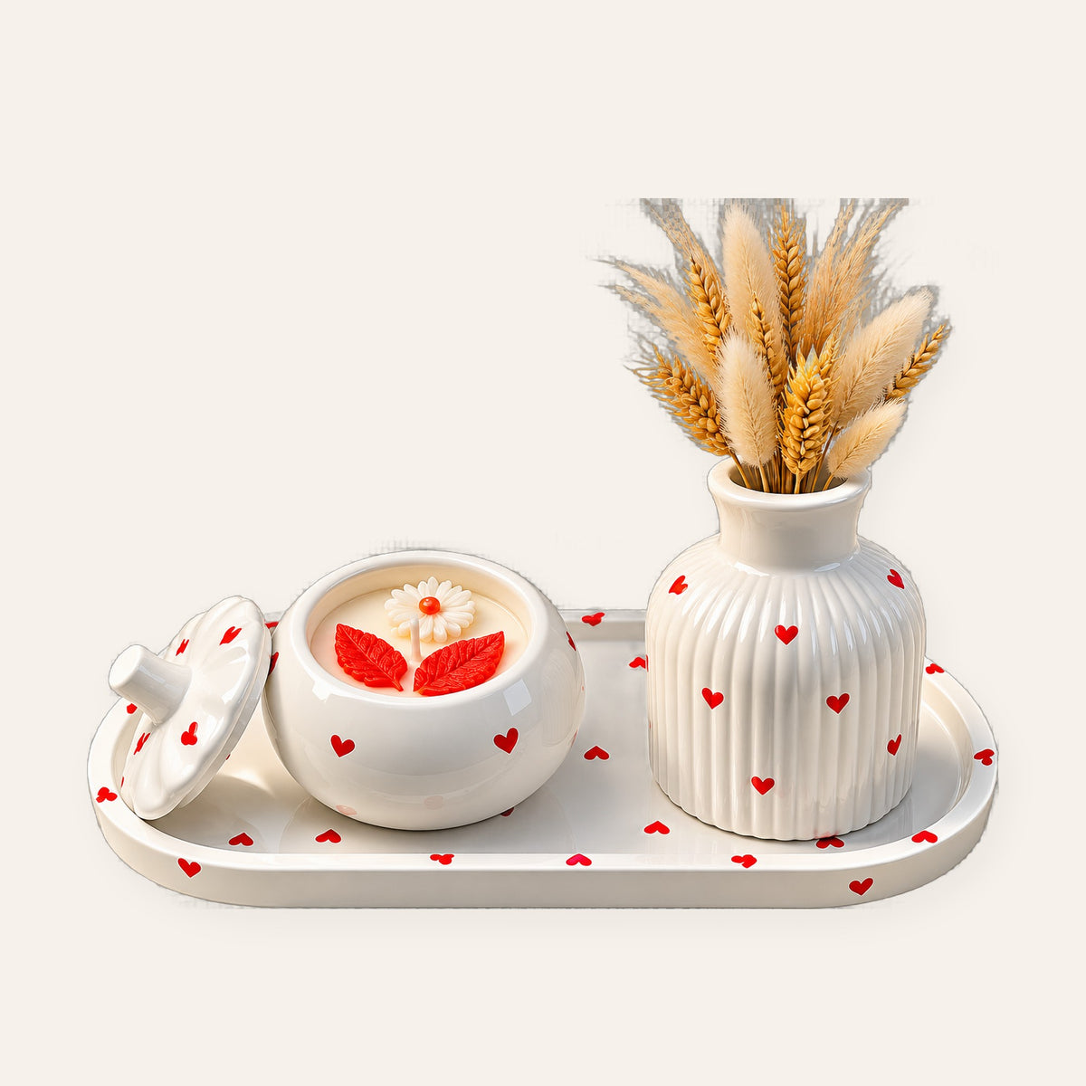 Red hearts tray set with lidded candle jar and ribbed vase