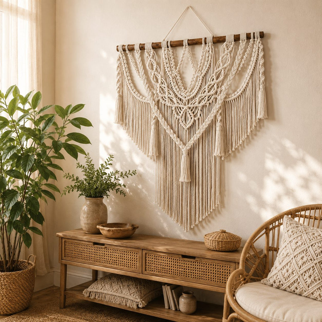 Macramé wall hanging in a living room with rattan chair