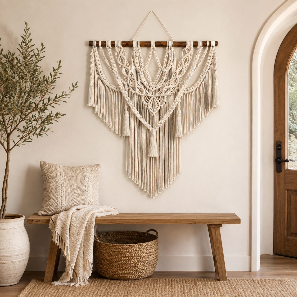 Macramé wall hanging above a wooden entryway bench