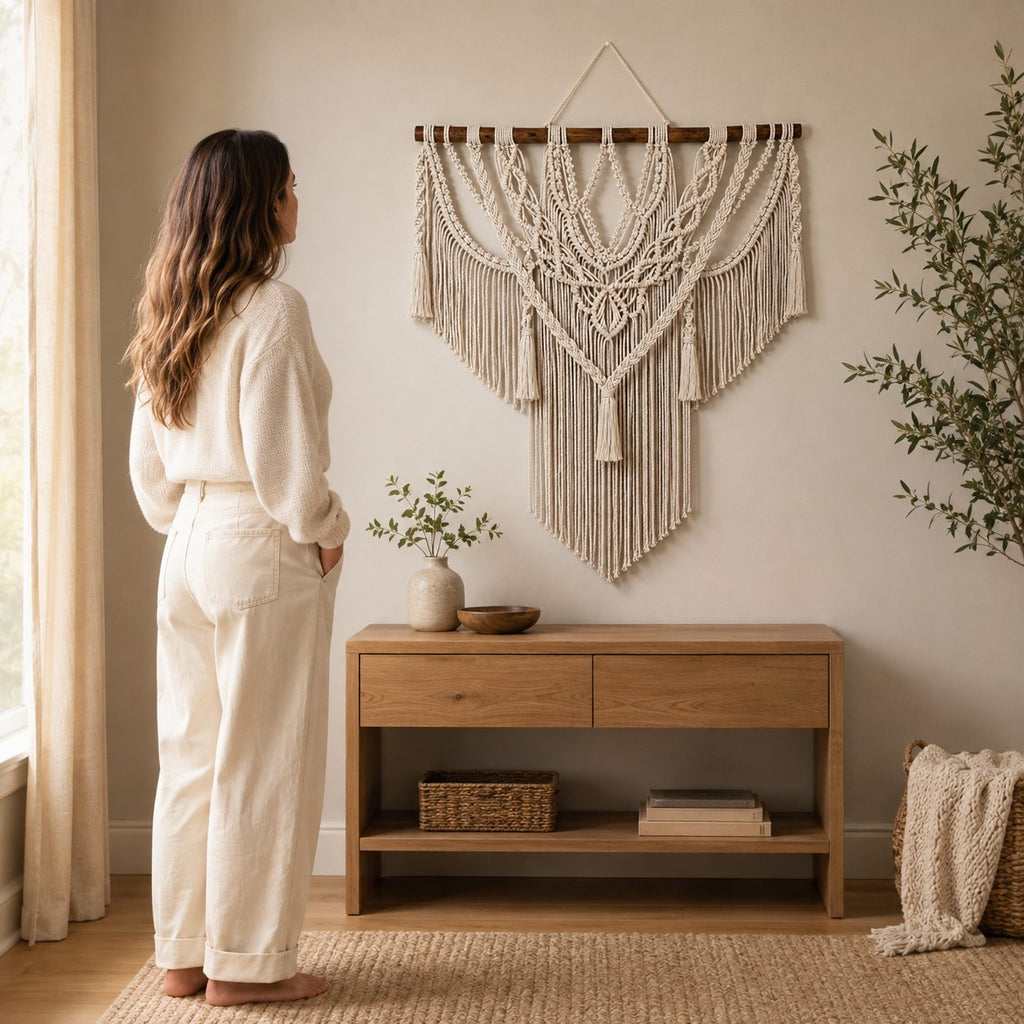 Woman standing next to large handmade macramé wall hanging