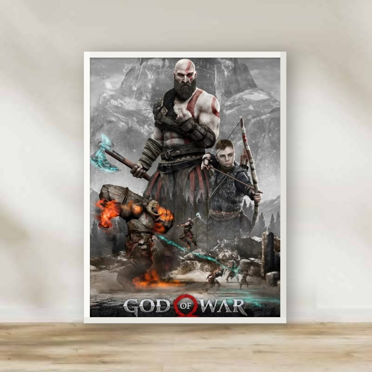 God of War White Frame – gaming wall art | برواز أبيض جود أوف وور