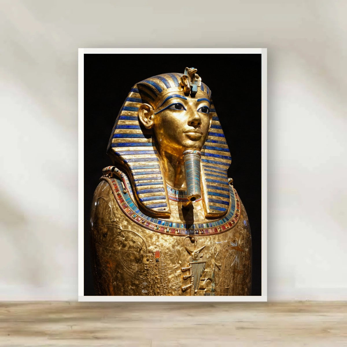 Golden Pharaoh Tutankhamun White Frame – Pharaonic photography wall art | برواز أبيض الفرعون الذهبي - توت عنخ آمون