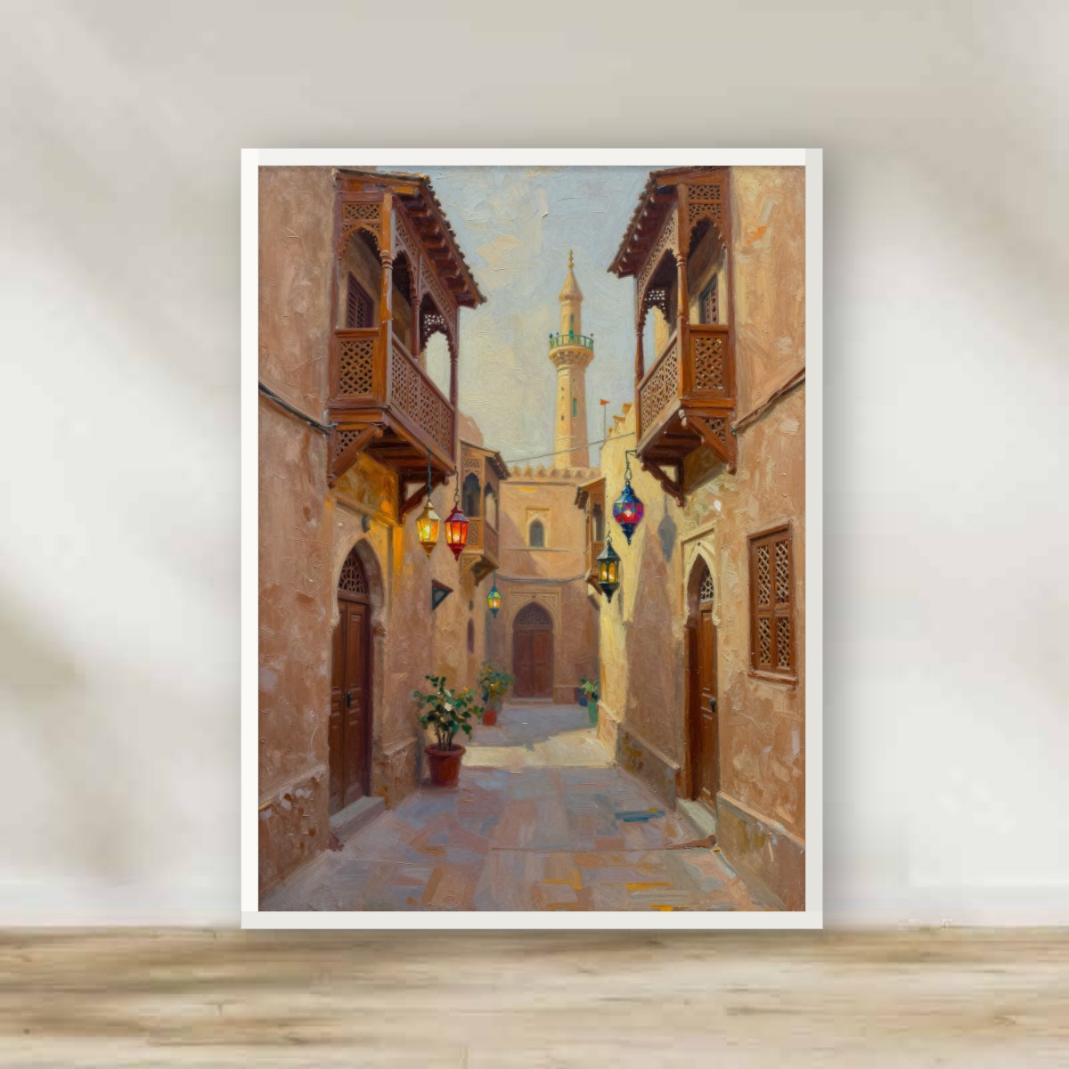 Islamic Cairo Alley Impasto White Frame – impasto Egypt wall art | برواز أبيض حارة القاهرة الفاطمية - رسم زيتي