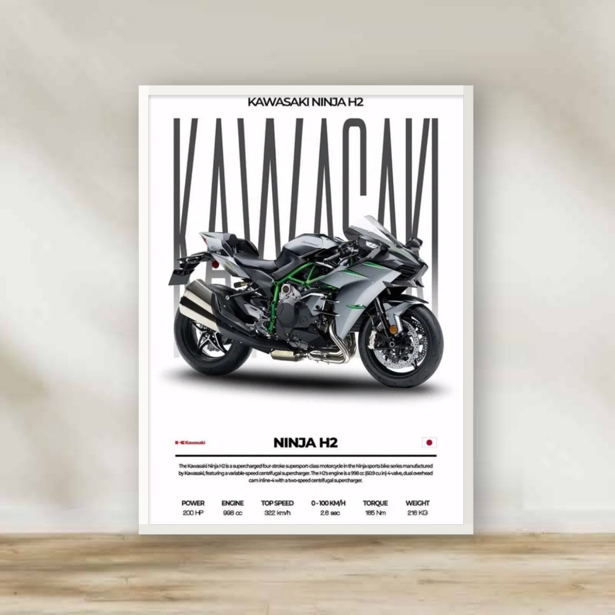 Kawasaki Motorcycle White Frame – motorcycle wall art | برواز أبيض موتوسيكل كاواساكي