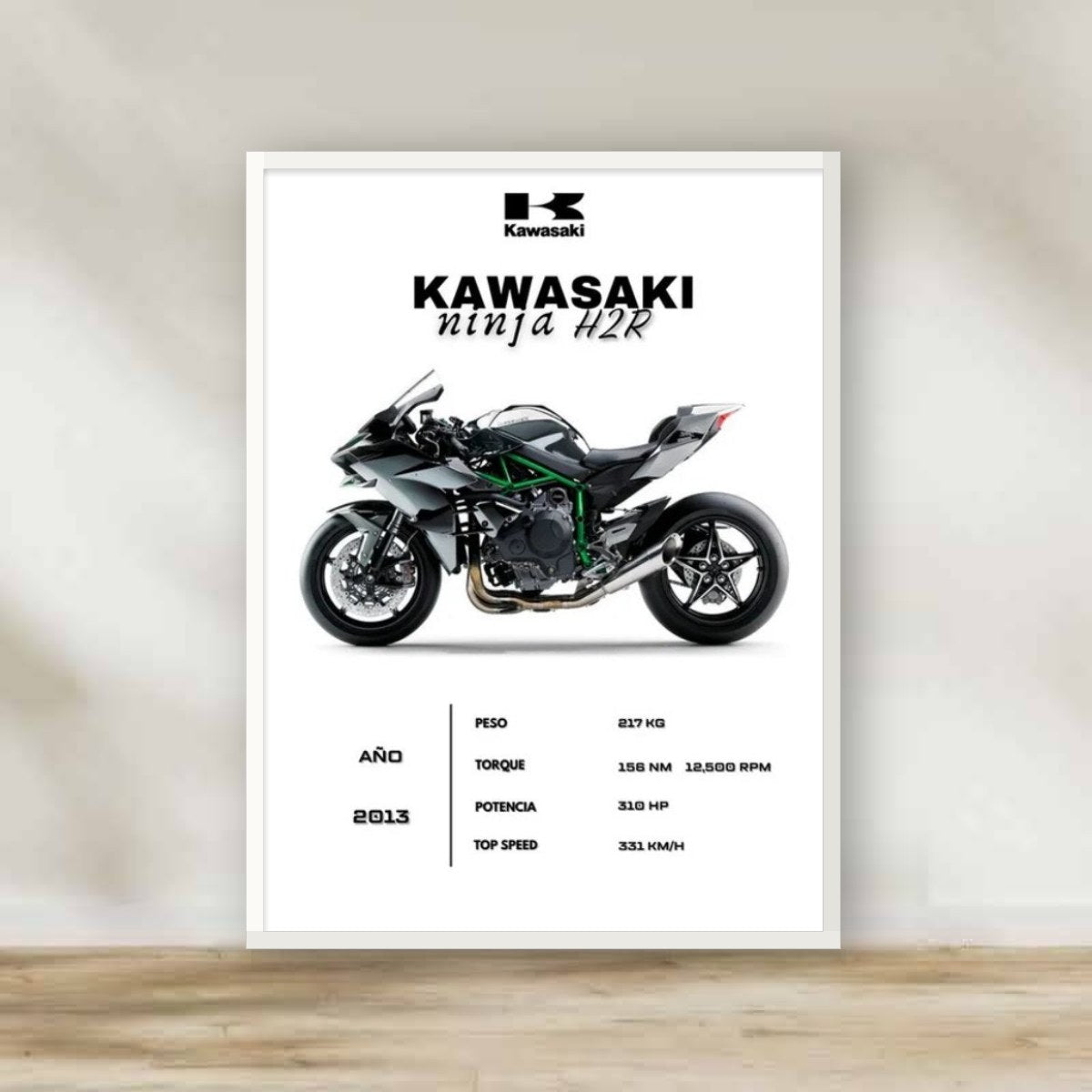 Kawasaki 1 White Frame – motorcycle wall art | برواز أبيض موتوسيكل كاواساكي 1