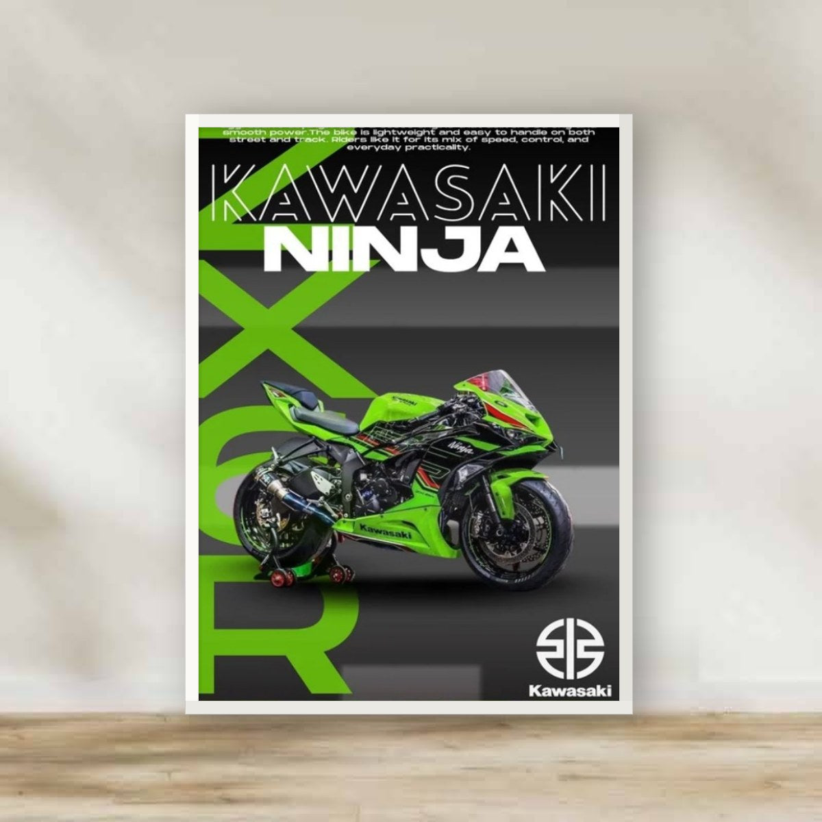 Kawasaki 3 White Frame – motorcycle wall art | برواز أبيض موتوسيكل كاواساكي 3