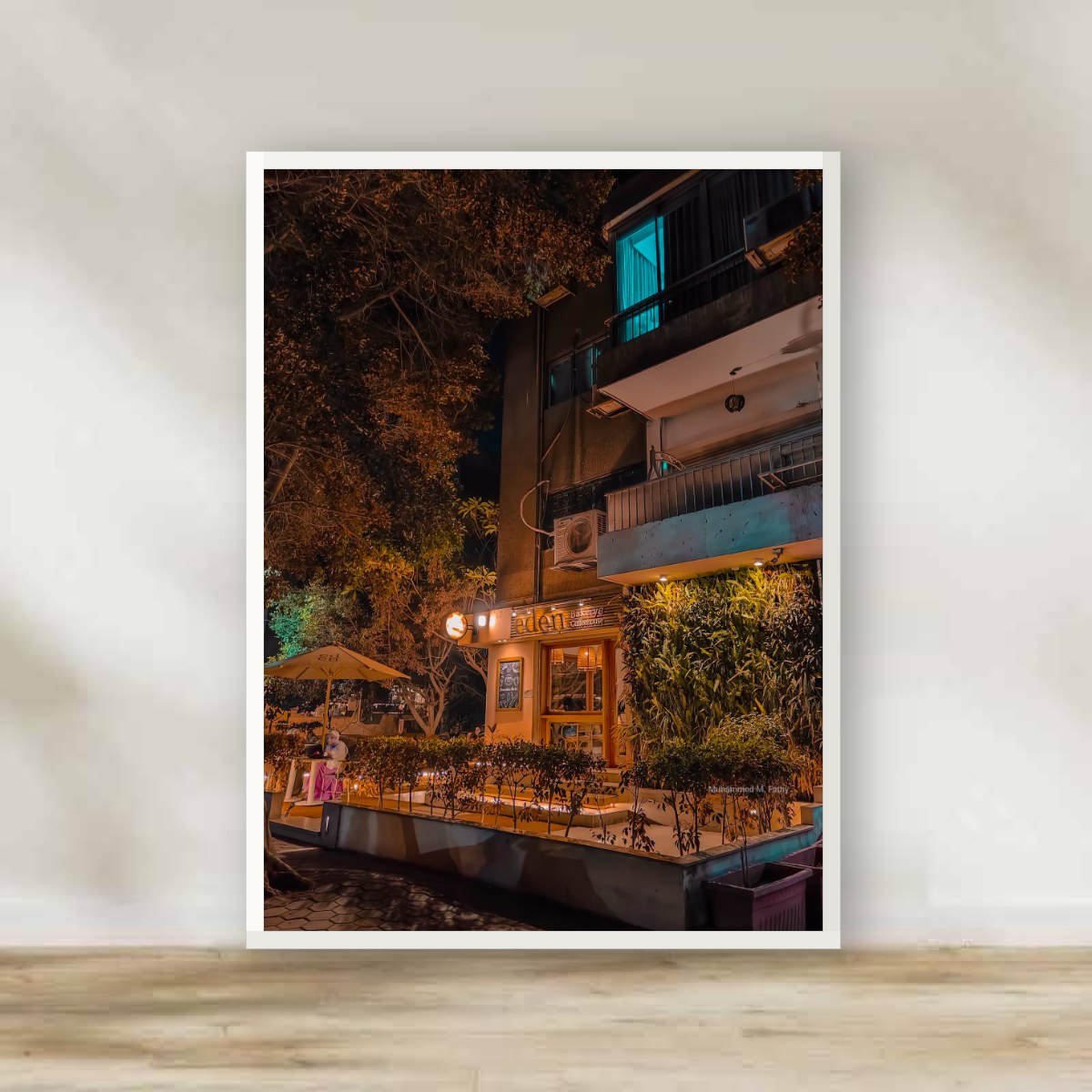 Maadi Nights White Frame – photography wall art | برواز أبيض شوارع المعادي ليلًا