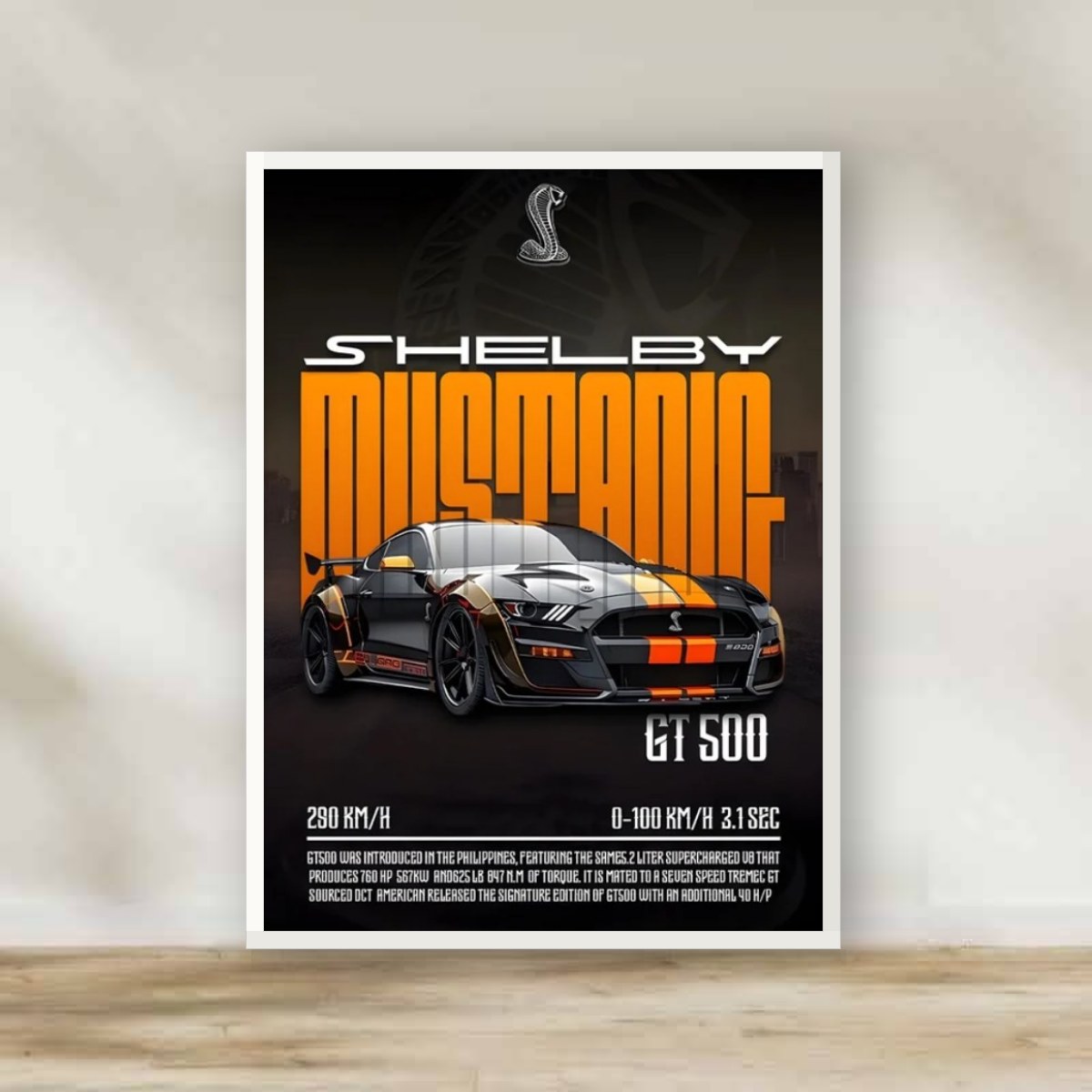 Mustang White Frame – car wall art | برواز أبيض موستانج