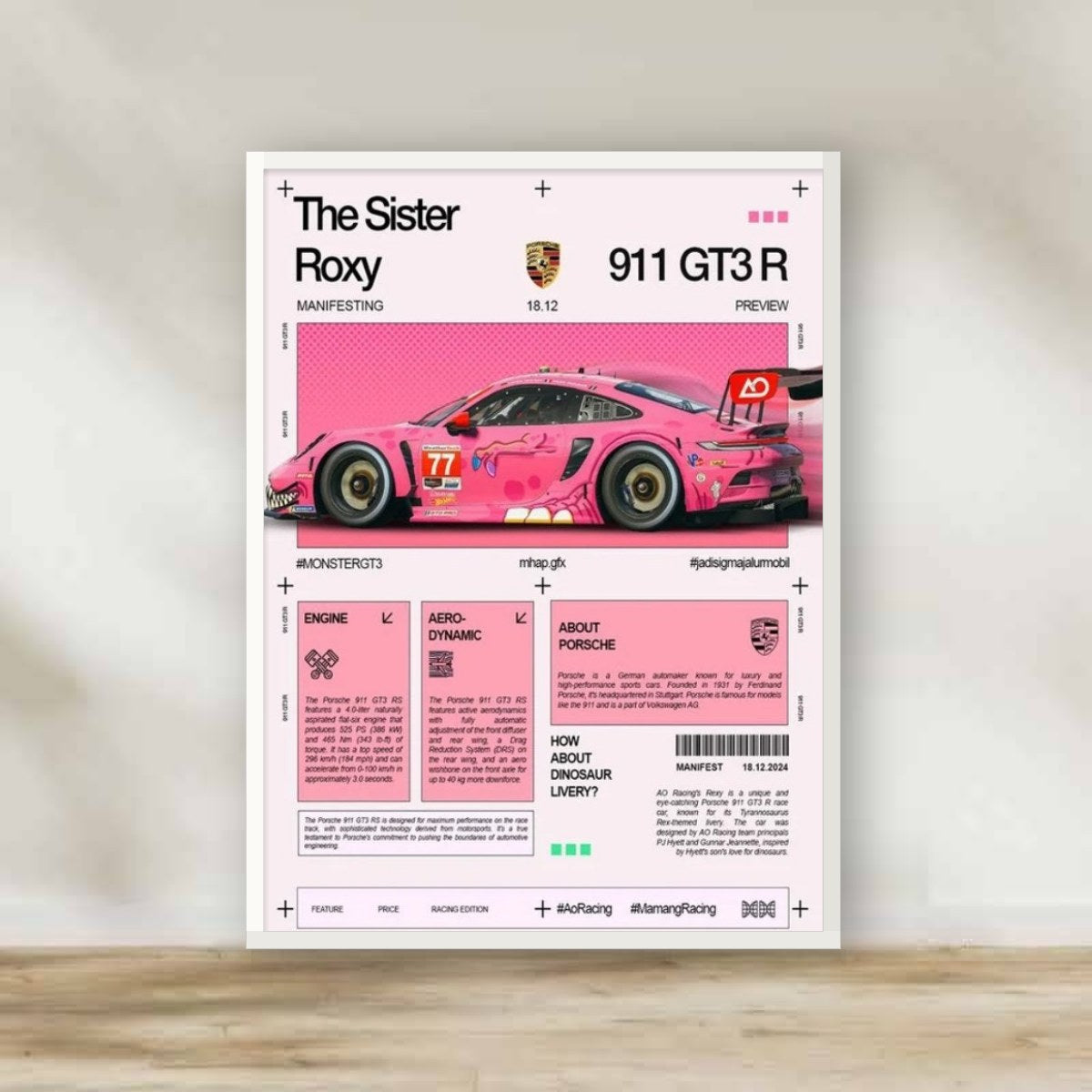 Pink Porsche White Frame – car wall art | برواز أبيض بورشه بينك