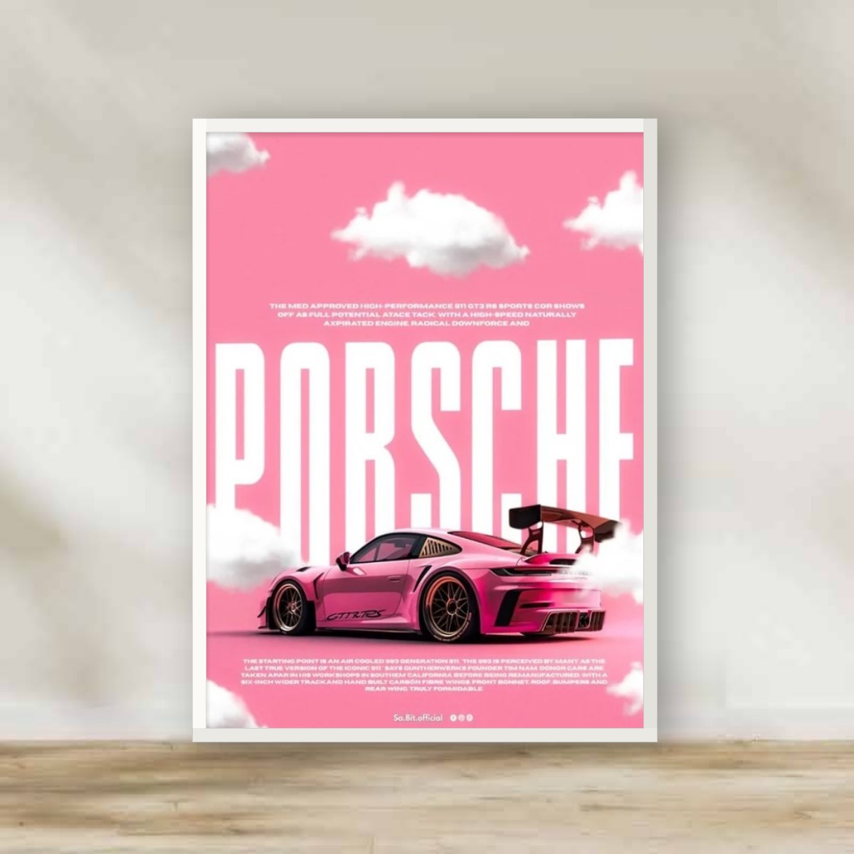 Pink Porsche Frame 2 – car wall art | برواز أبيض بورشه بينك 2 (white frame)