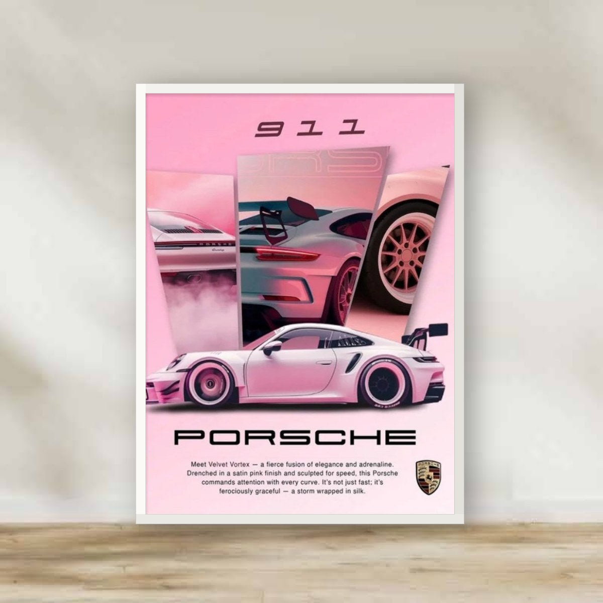 Pink Porsche Frame 3 – car wall art | برواز أبيض بورشه بينك 3 (white frame)