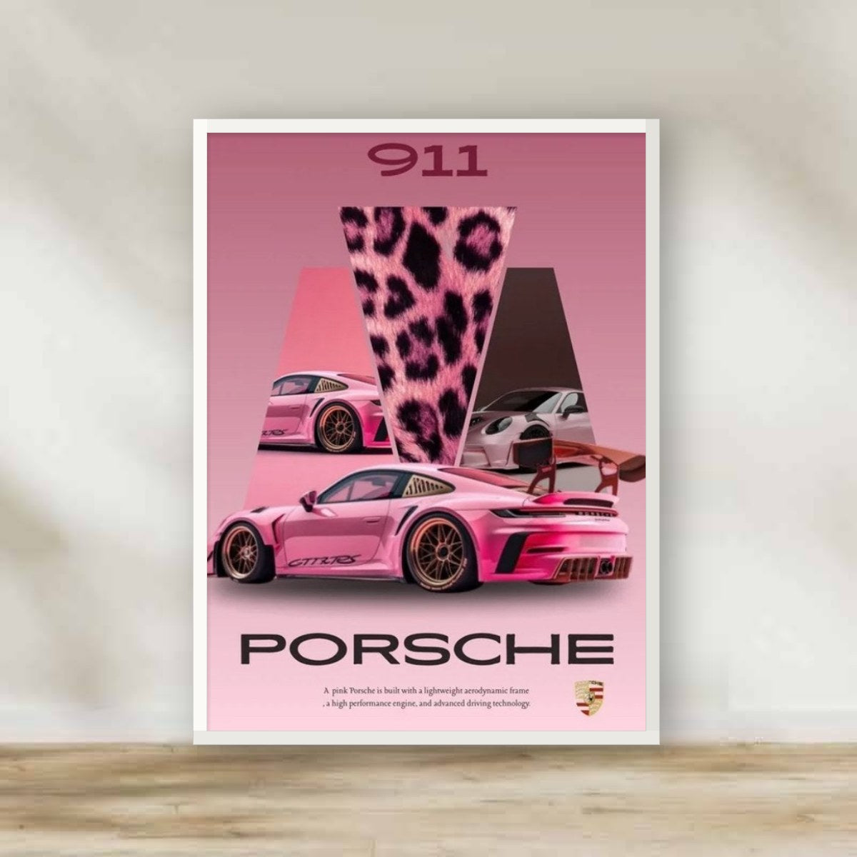 Pink Porsche Frame 4 – car wall art | برواز أبيض بورشه بينك 4 (white frame)