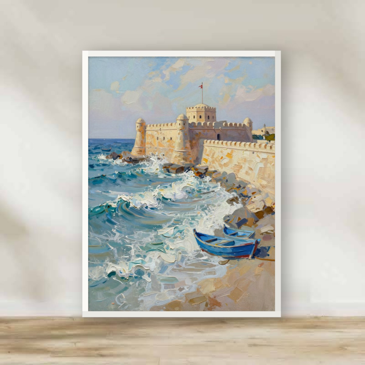 Qaitbay Citadel Impasto White Frame – impasto Egypt wall art | برواز أبيض قلعة قايتباي - رسم زيتي