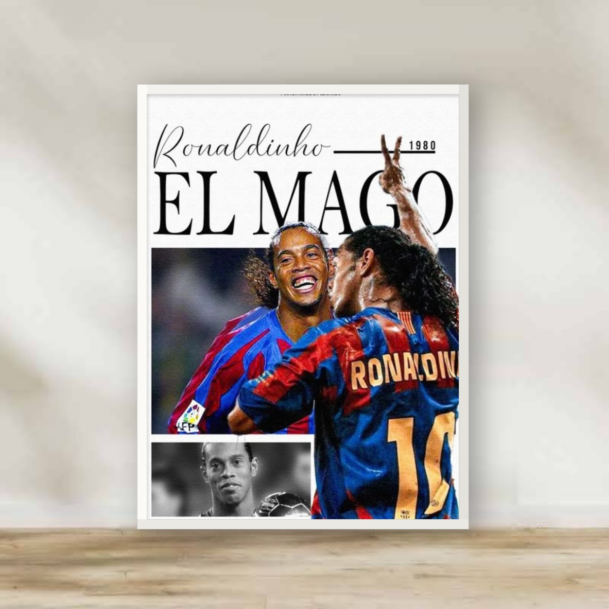 Ronaldinho White Frame – football wall art | برواز أبيض رونالدينيو