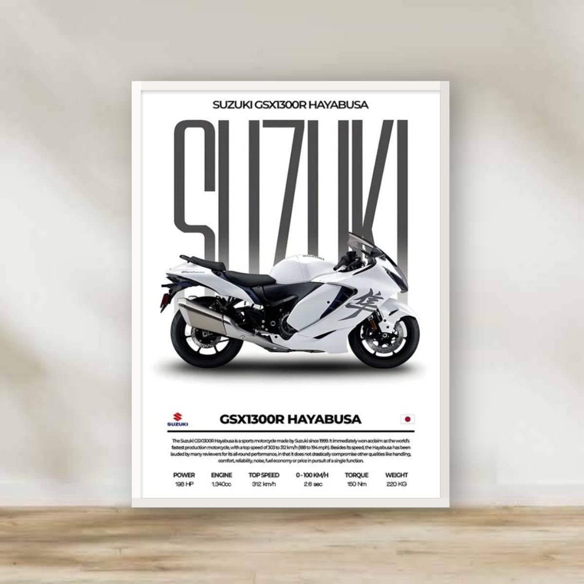 Suzuki Motorcycle White Frame – motorcycle wall art | برواز أبيض موتوسيكل سوزوكي