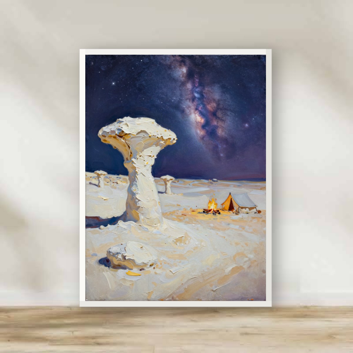 White Desert Night Impasto White Frame – impasto Egypt wall art | برواز أبيض ليل الصحراء البيضاء - رسم زيتي