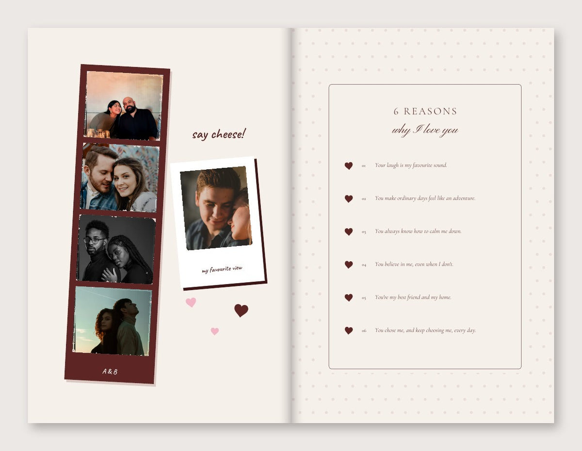 You Won My Heart photobook – photo strip and 6 reasons pages